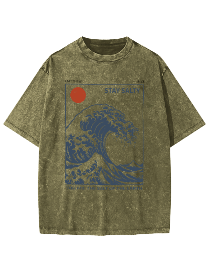 The Sunrise Scenery of Waves in Tokyo Vintage Washed T-shirt-Zazasy