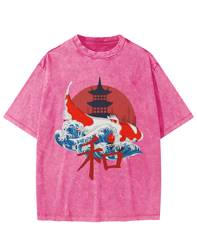 Japanese Style Koi Fish Vintage Distressed T-shirt-Zazasy