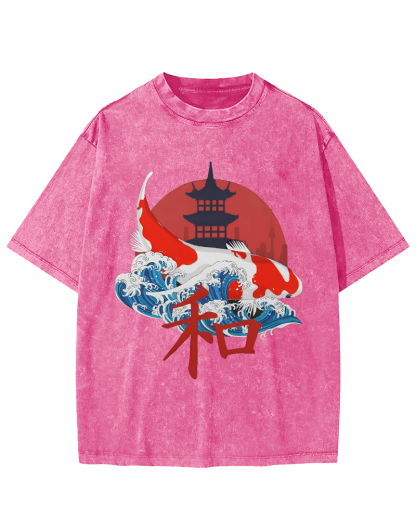 Japanese Style Koi Fish Vintage Distressed T-shirt-Zazasy
