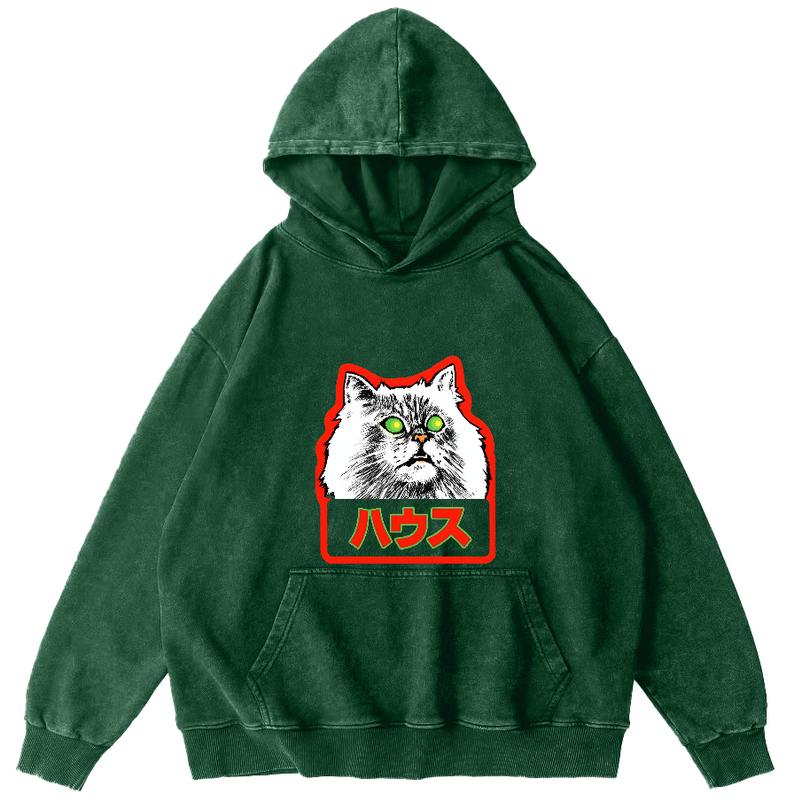 Residential White Cat Japanese Washed Hoodie-Zazasy