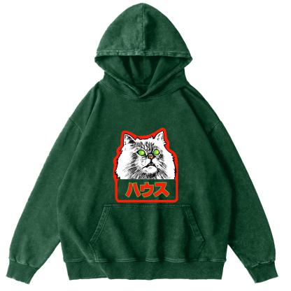 Residential White Cat Japanese Washed Hoodie-Zazasy