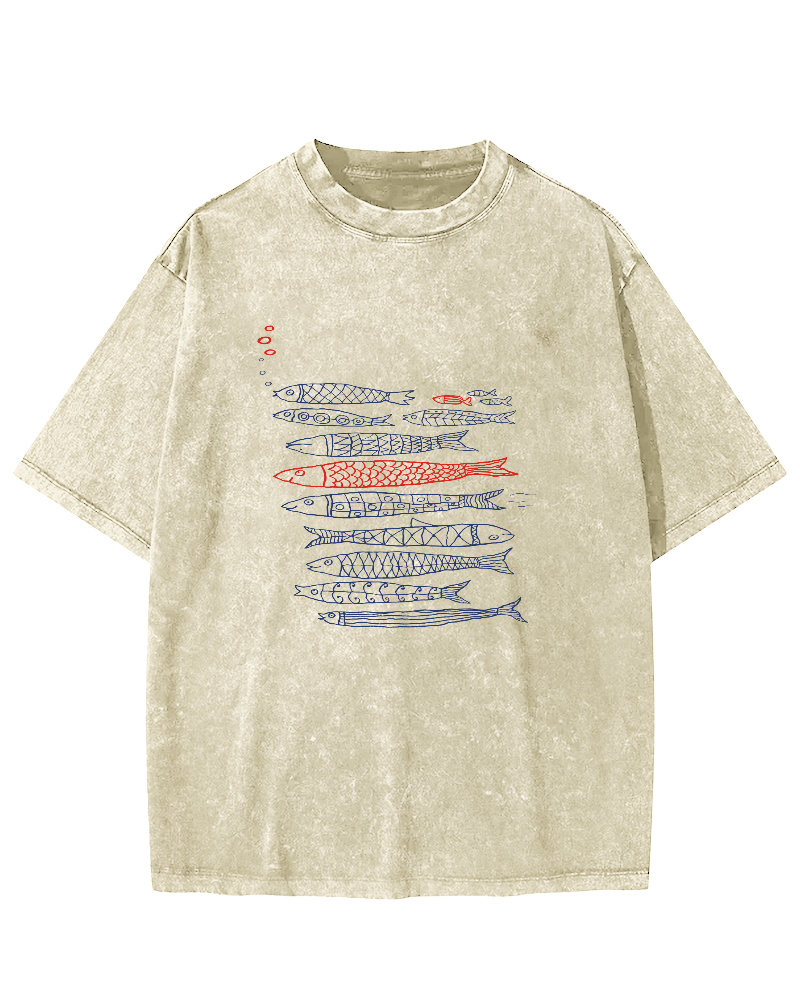 Retro Fish Pattern Vintage Distressed T-shirt-Zazasy