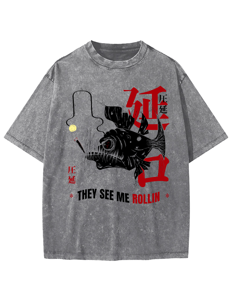 Rolling Japanese Script Vintage Distressed T-shirt-Zazasy