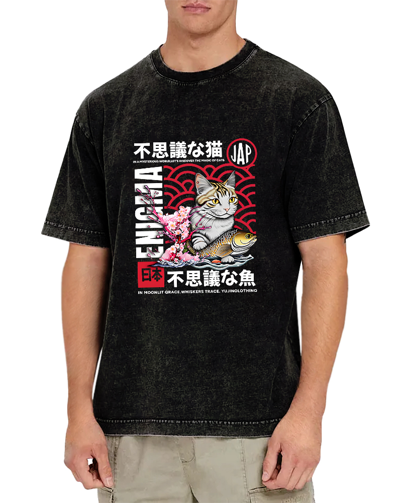 Japanese Cat Pattern Vintage Distressed T-shirt-Zazasy