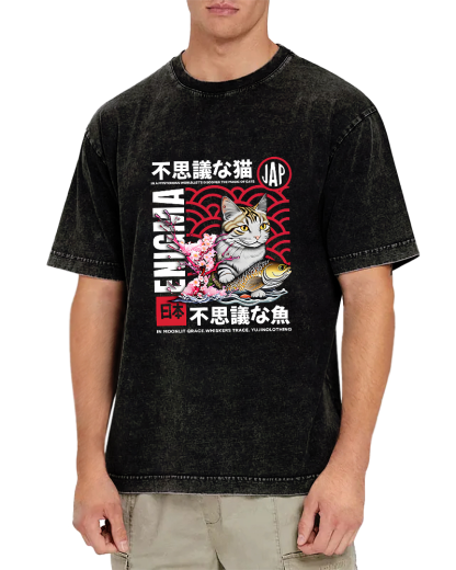 Japanese Cat Pattern Vintage Distressed T-shirt-Zazasy
