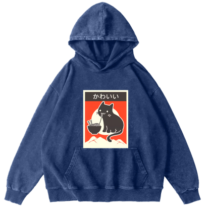 Noodle Loving Cat Patterned Washed Hoodie-Zazasy