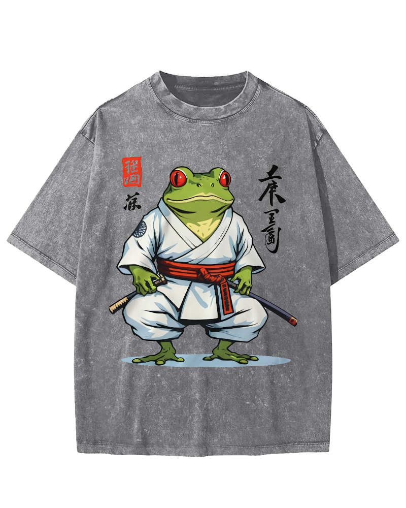 Frog Bushido Spirit Japanese Vintage Washed T-shirt-Zazasy