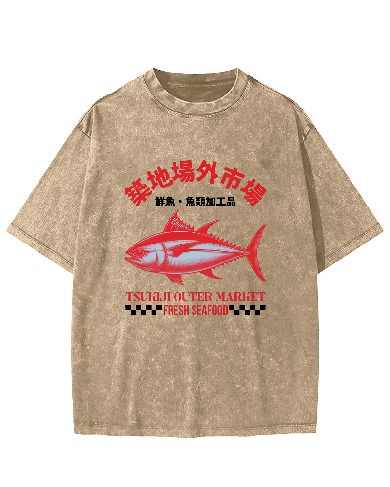 Japanese Sea Fish Script Vintage Distressed T-shirt-Zazasy