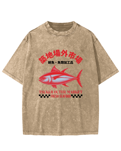 Japanese Sea Fish Script Vintage Distressed T-shirt-Zazasy