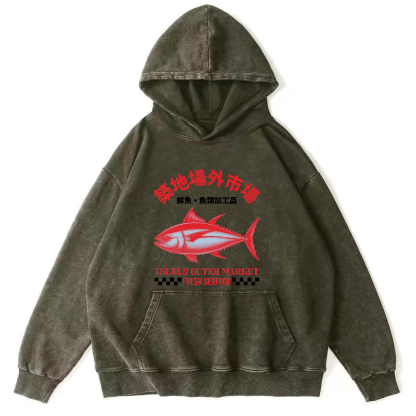 Japanese Seafood Market Tuna Vintage Distressed Hoodie-Zazasy