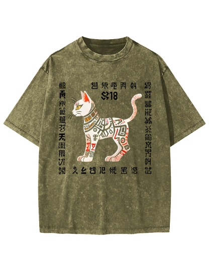 Abstract Geometry Cat Japanese Style Vintage Distressed T-shirt-Zazasy