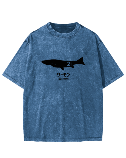 Japanese Script Shark Pattern Vintage Distressed T-shirt-Zazasy