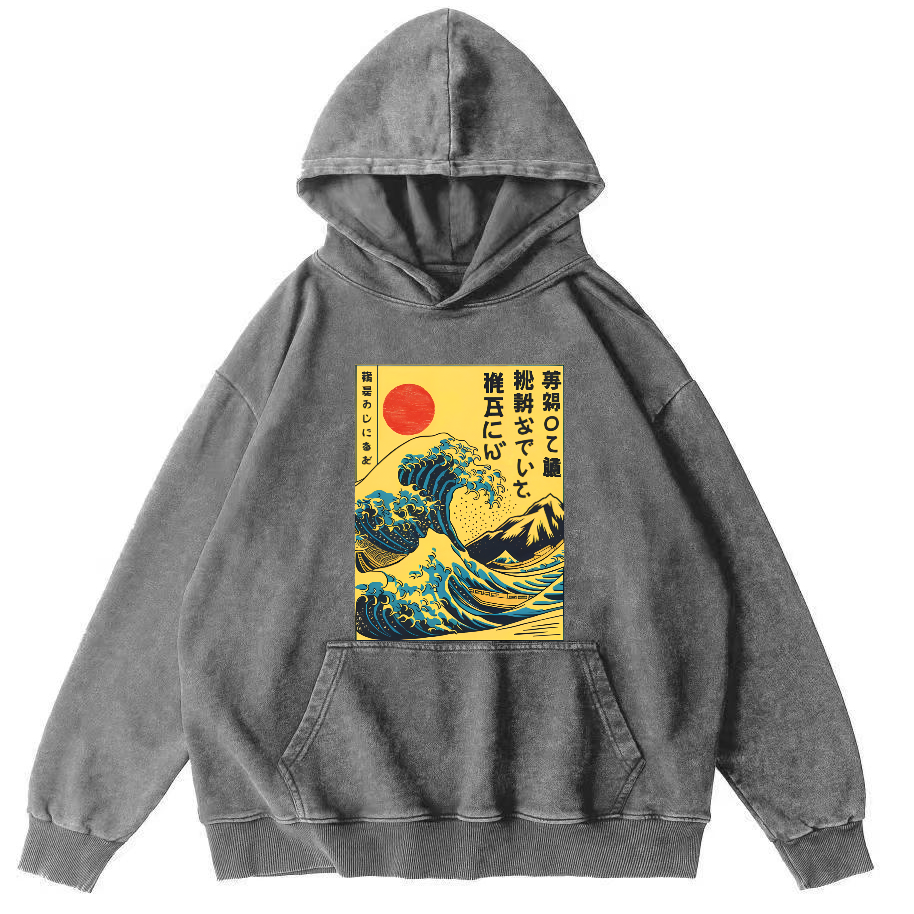 Edo Period Wave Scenery Japanese Style Vintage Washed Hoodie-Zazasy