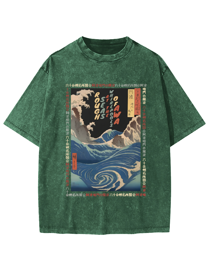 Ukiyo-e Giant Waves Vintage Washed T-shirt-Zazasy