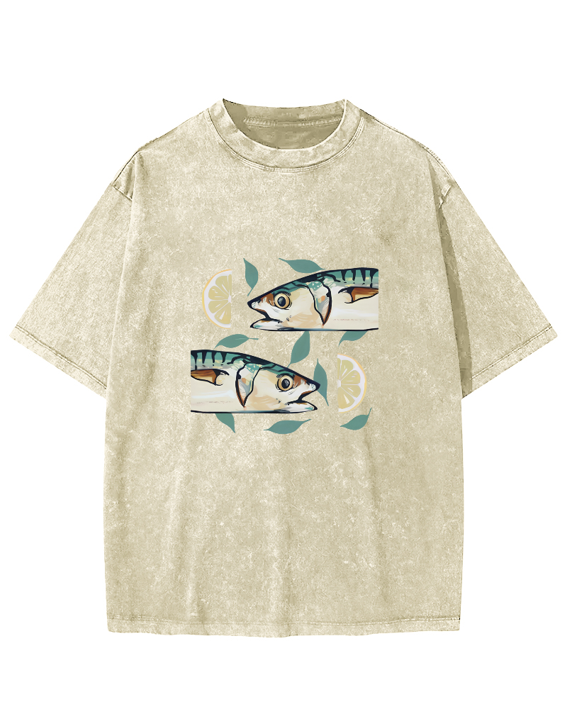 Japanese Lemon Fish Pattern Vintage Distressed T-shirt-Zazasy
