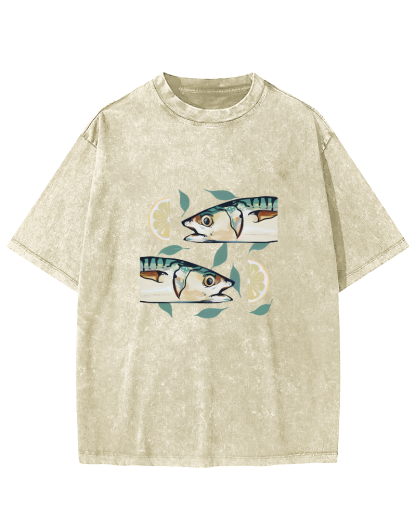 Japanese Lemon Fish Pattern Vintage Distressed T-shirt-Zazasy