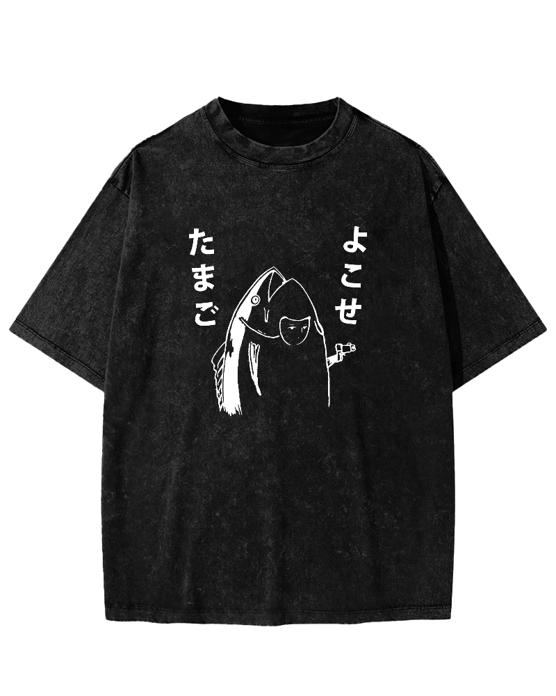 Japanese Cute Fish Pattern Vintage Distressed T-shirt-Zazasy