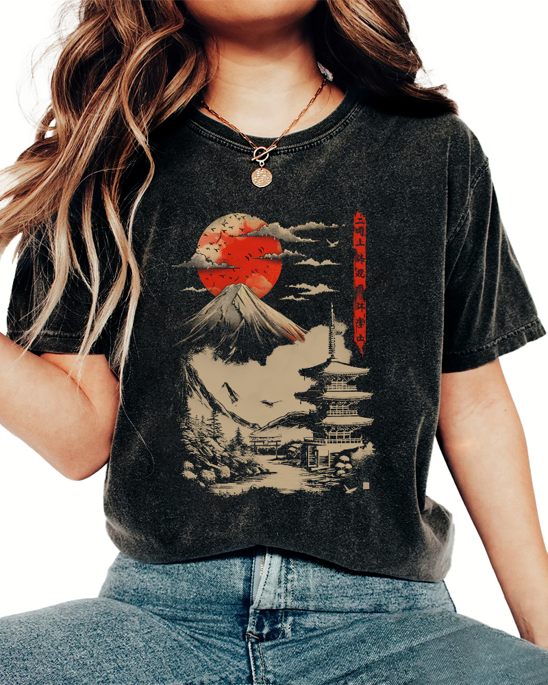 Japanese Sunset Scenery Vintage Washed T-shirt-Zazasy