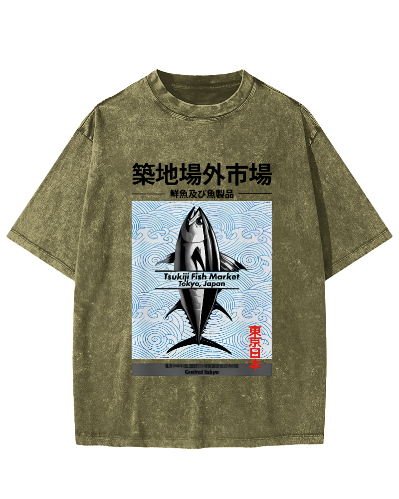 Tokyo Tsukiji Off Market, Japan Vintage Washed T-shirt-Zazasy