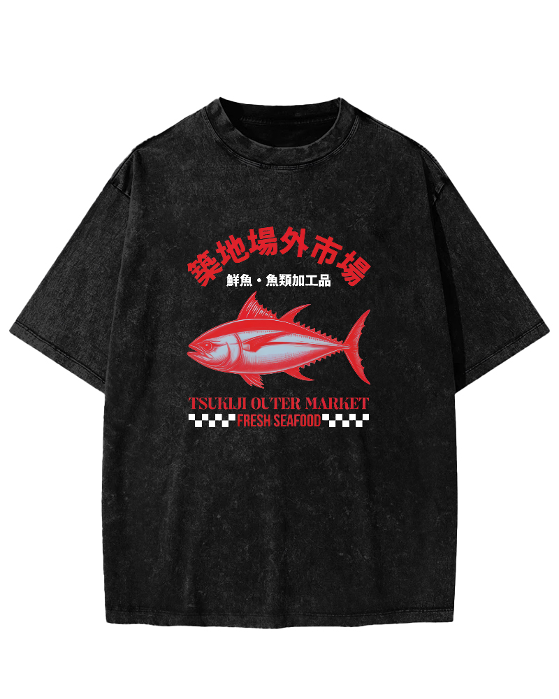 Japanese Sea Fish Script Vintage Distressed T-shirt-Zazasy