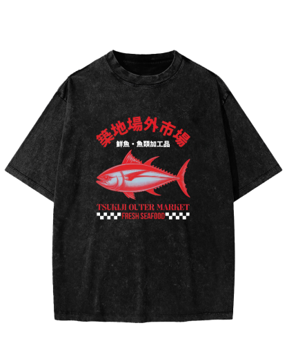 Japanese Sea Fish Script Vintage Distressed T-shirt-Zazasy