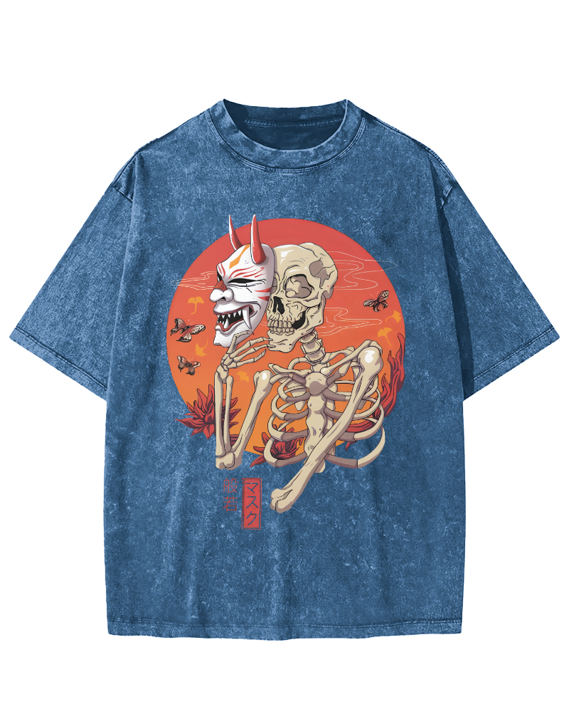 Mask Skeleton Japanese Vintage Distressed T-shirt-Zazasy