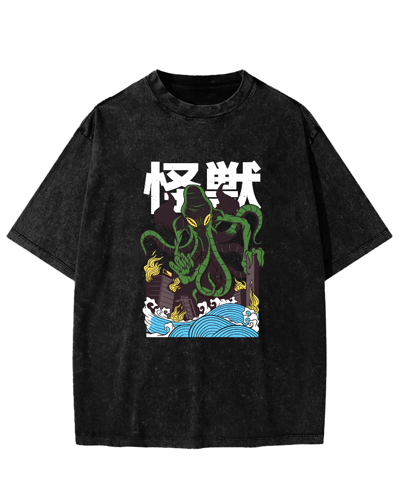 Japanese Octopus Pattern Vintage Distressed T-shirt-Zazasy