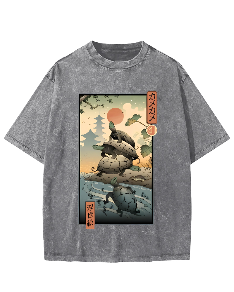 Ukiyoe Turtle Japanese Vintage Washed T-shirt-Zazasy