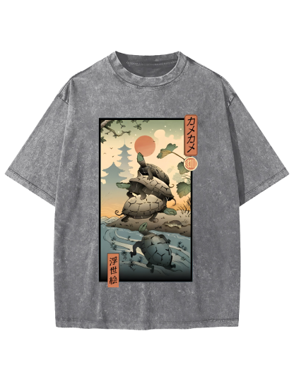 Ukiyoe Turtle Japanese Vintage Washed T-shirt-Zazasy