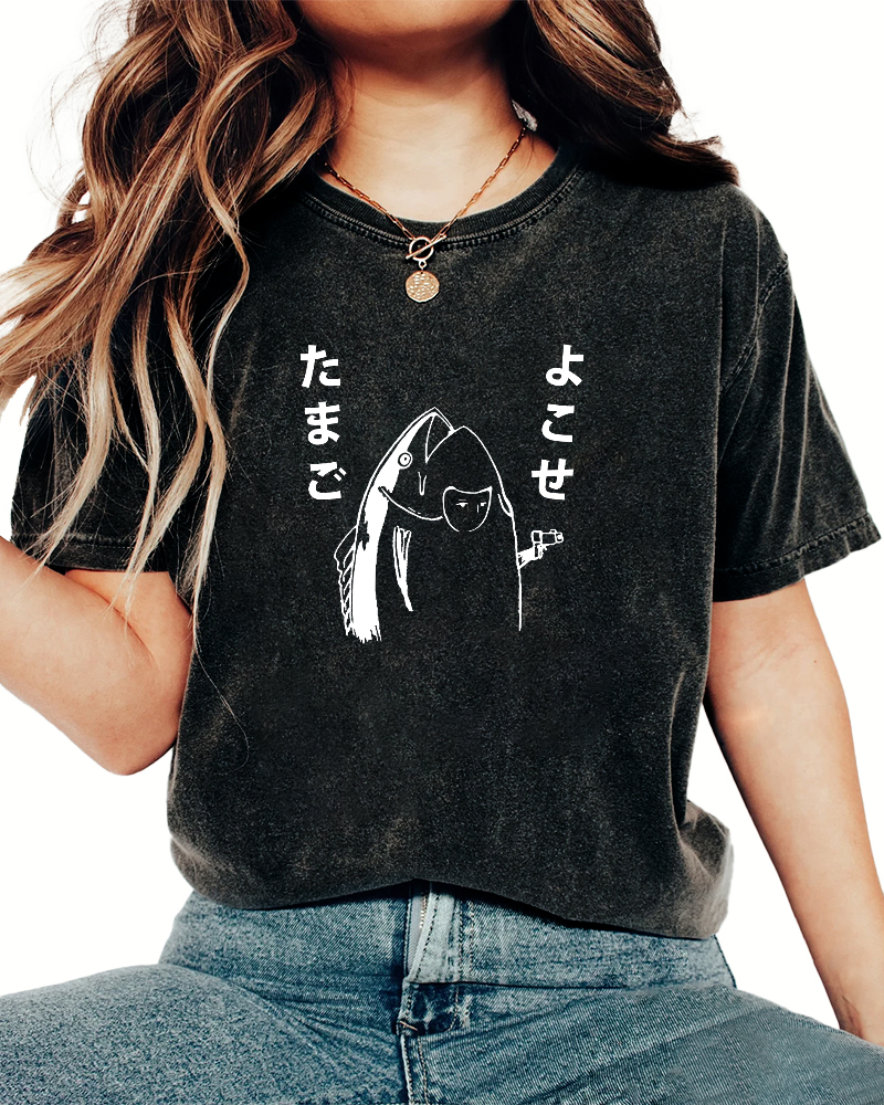 Japanese Cute Fish Pattern Vintage Distressed T-shirt-Zazasy