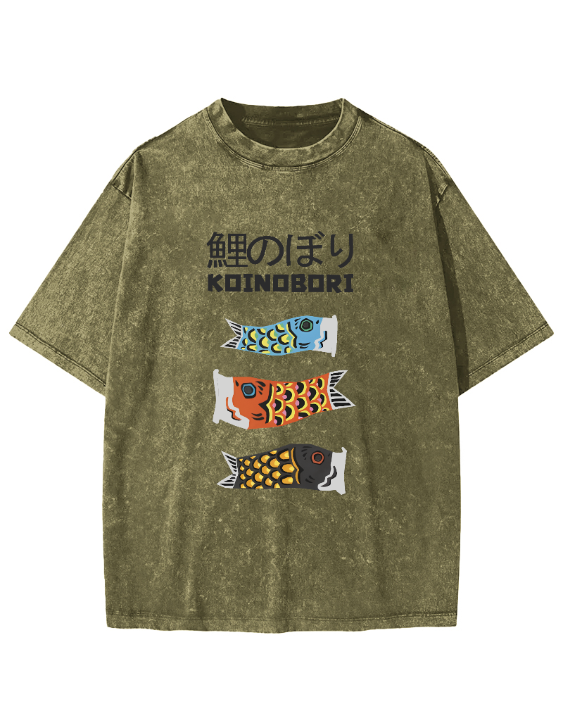 Cartoon Fish Painting Pattern Japanese Style Vintage Distressed T-shirt-Zazasy
