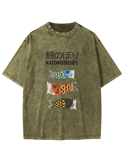 Cartoon Fish Painting Pattern Japanese Style Vintage Distressed T-shirt-Zazasy