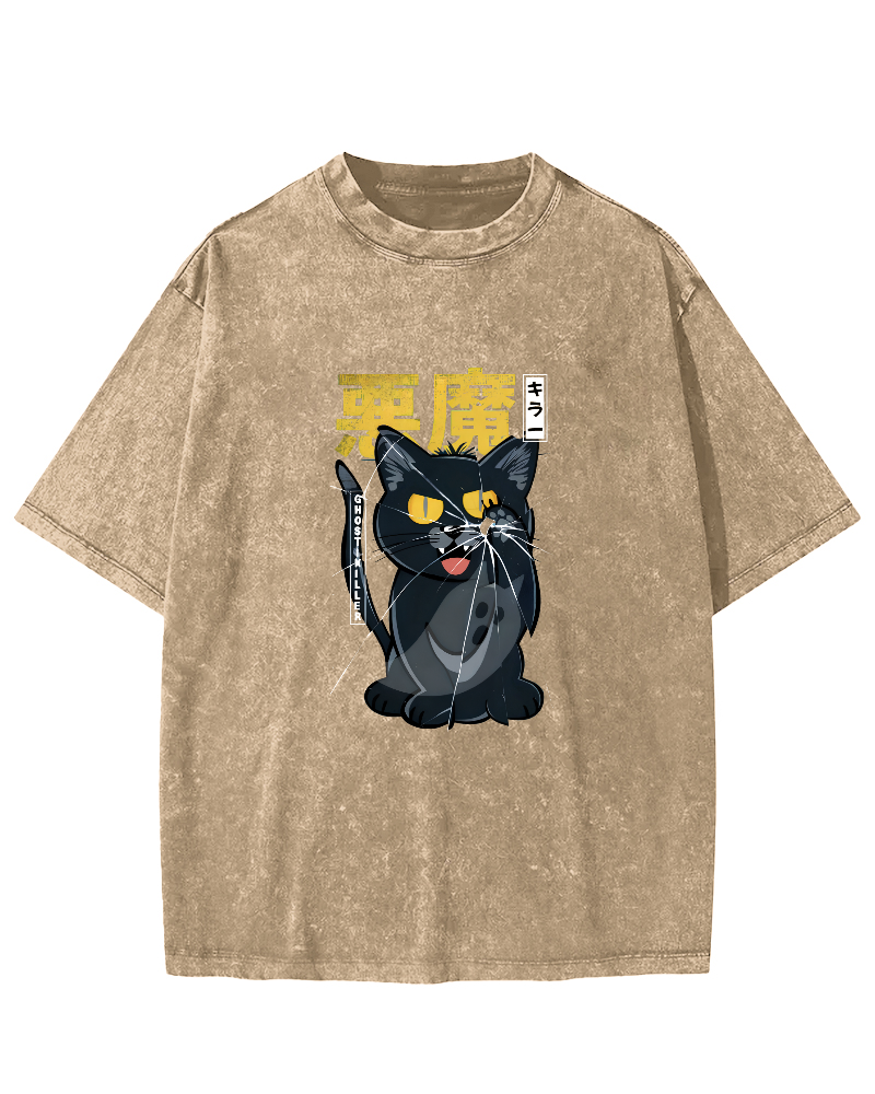 Retro Mischievous Cat Pattern Vintage Distressed T-shirt-Zazasy