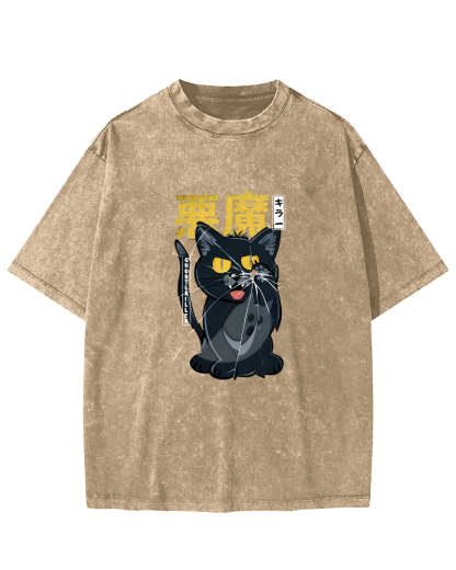 Retro Mischievous Cat Pattern Vintage Distressed T-shirt-Zazasy