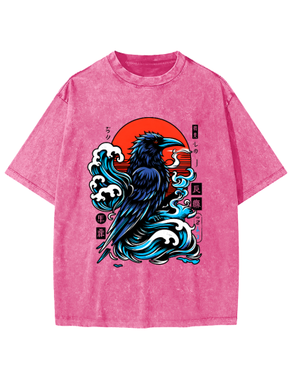 Crows in The Waves, Japanese Style Vintage Distressed T-shirt-Zazasy