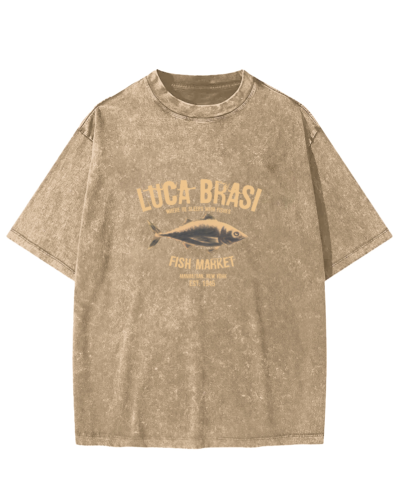 Retro Sea Fish Pattern Vintage Distressed T-shirt-Zazasy