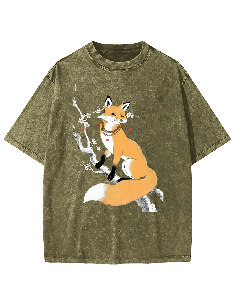 Fox Landscape Painting Japanese Style Vintage Washed T-shirt-Zazasy