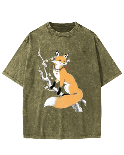 Fox Landscape Painting Japanese Style Vintage Washed T-shirt-Zazasy