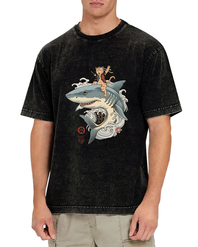 Shark Riding Cat Warrior Japanese Washed T-shirt-Zazasy
