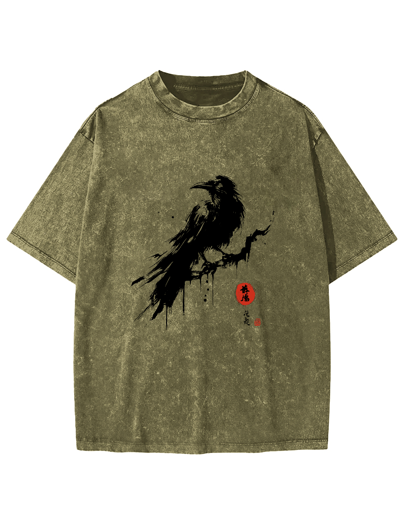 Crow Pattern Japanese Style Vintage Distressed T-shirt-Zazasy