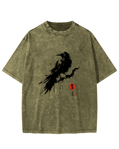 Crow Pattern Japanese Style Vintage Distressed T-shirt-Zazasy