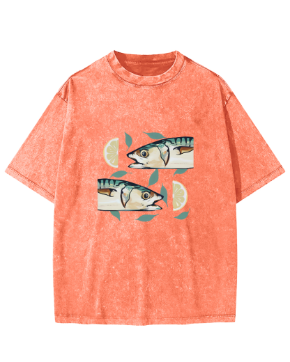 Japanese Lemon Fish Pattern Vintage Distressed T-shirt-Zazasy