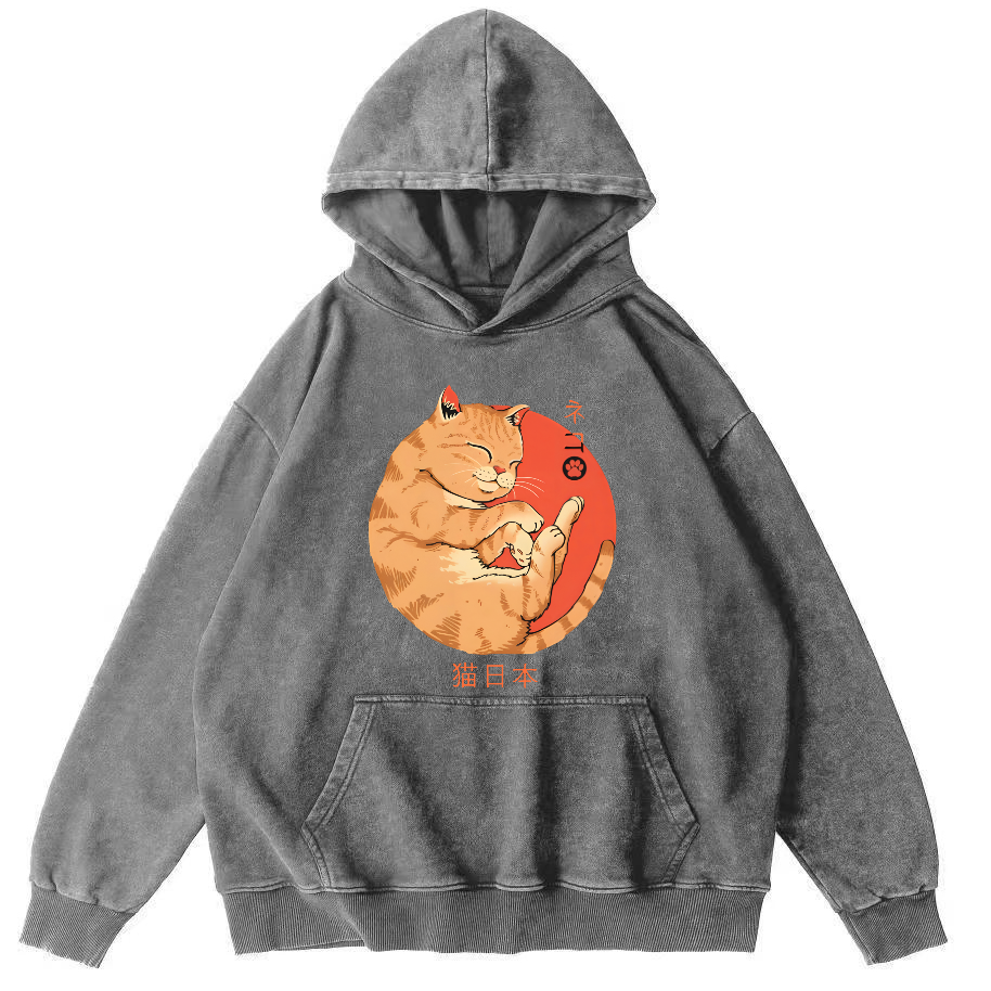 Lazy Japanese Cat Vintage Distressed Hoodie-Zazasy