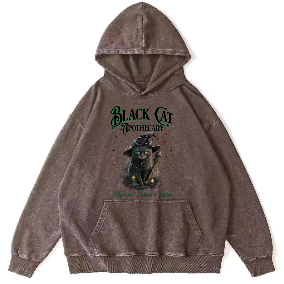 Black Cat Vintage Washed Hoodie-Zazasy