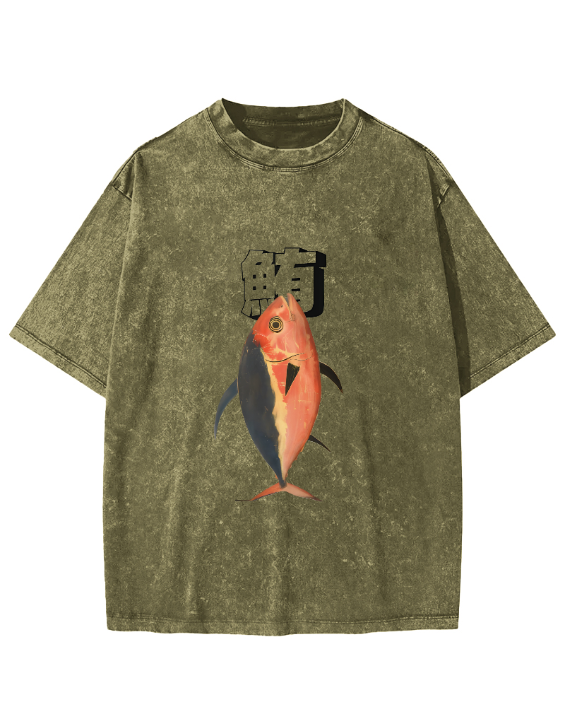 Japanese Ocean Fish Pattern Vintage Distressed T-shirt-Zazasy