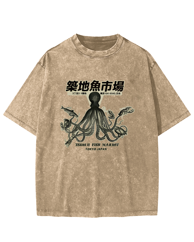 Japanese Octopus Pattern Vintage Distressed T-shirt-Zazasy