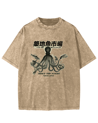 Japanese Octopus Pattern Vintage Distressed T-shirt-Zazasy