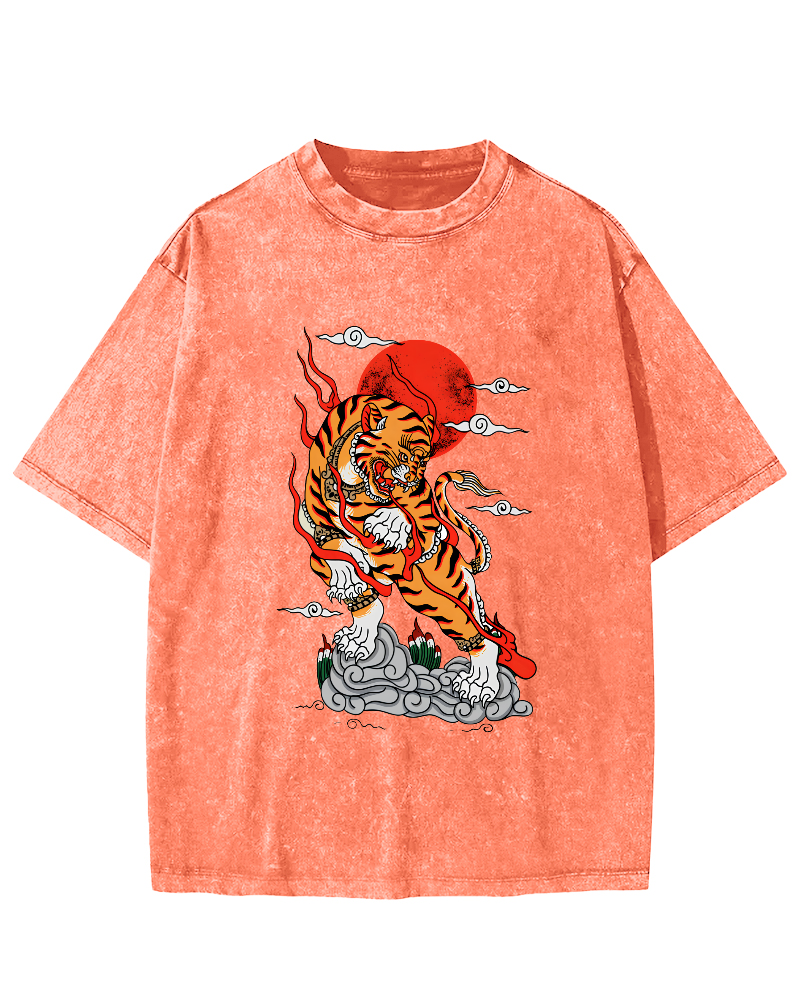 Japanese Sunrise Tiger Pattern Vintage Distressed T-shirt-Zazasy