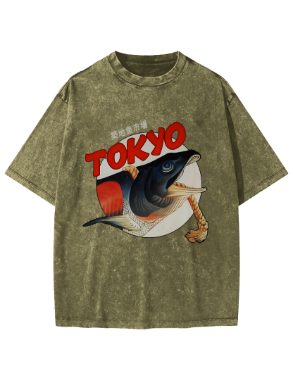 Tokyo Tsukiji Fish Market Vintage Washed T-shirt-Zazasy
