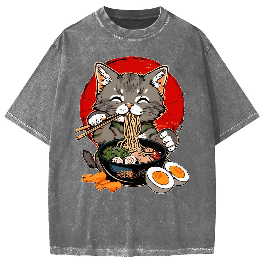 Japanese Anime Cat Eating Ramen Vintage Washed T-shirt
